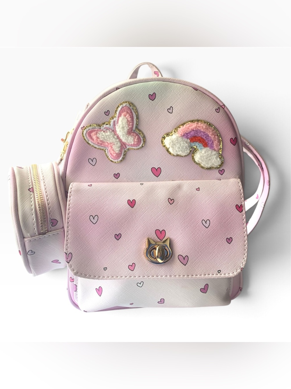 Under One Sky Pink Mini Backpack w/Butterfly And Rainbow INCLUDING Pouch
